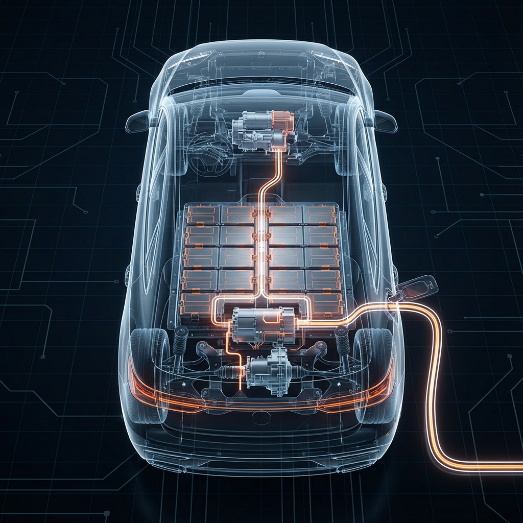 A detailed technical cutaway of an electric vehicle showing battery pack and motor internals